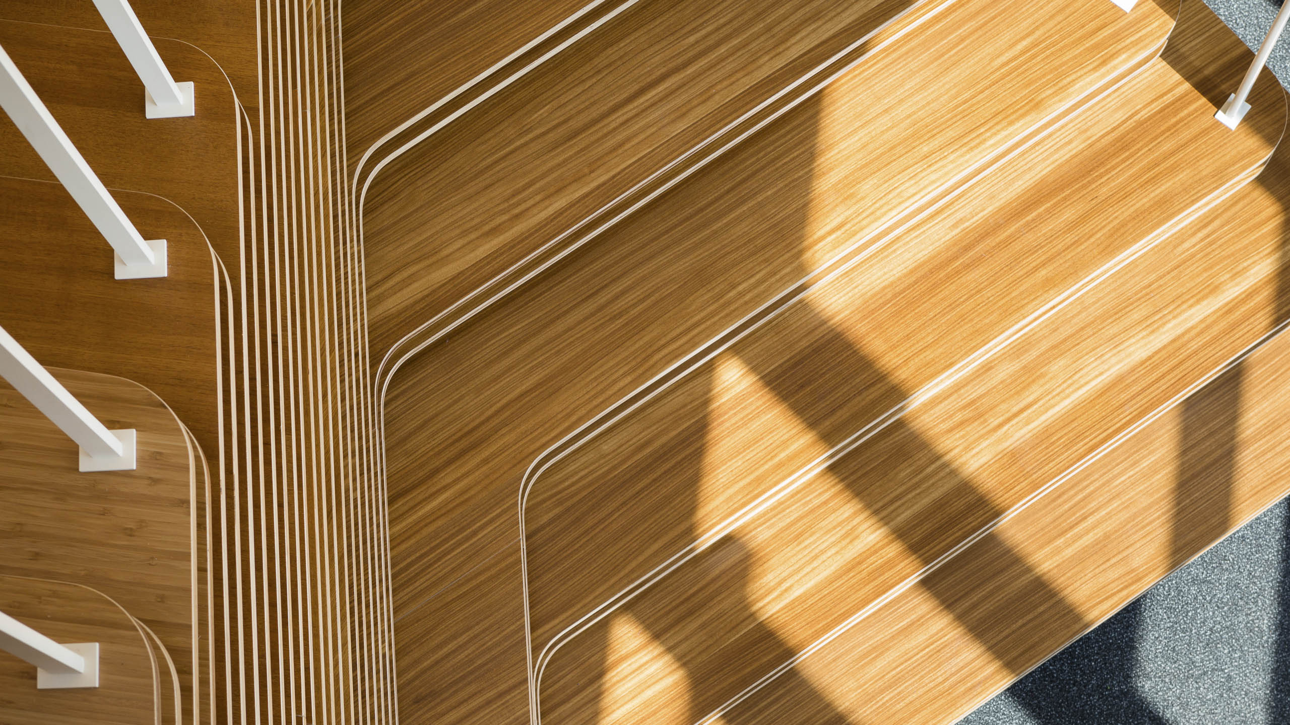 The wooden staircase at Veneer House.